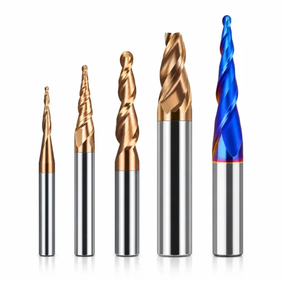 Tapered end mills in multiple sizes and configurations