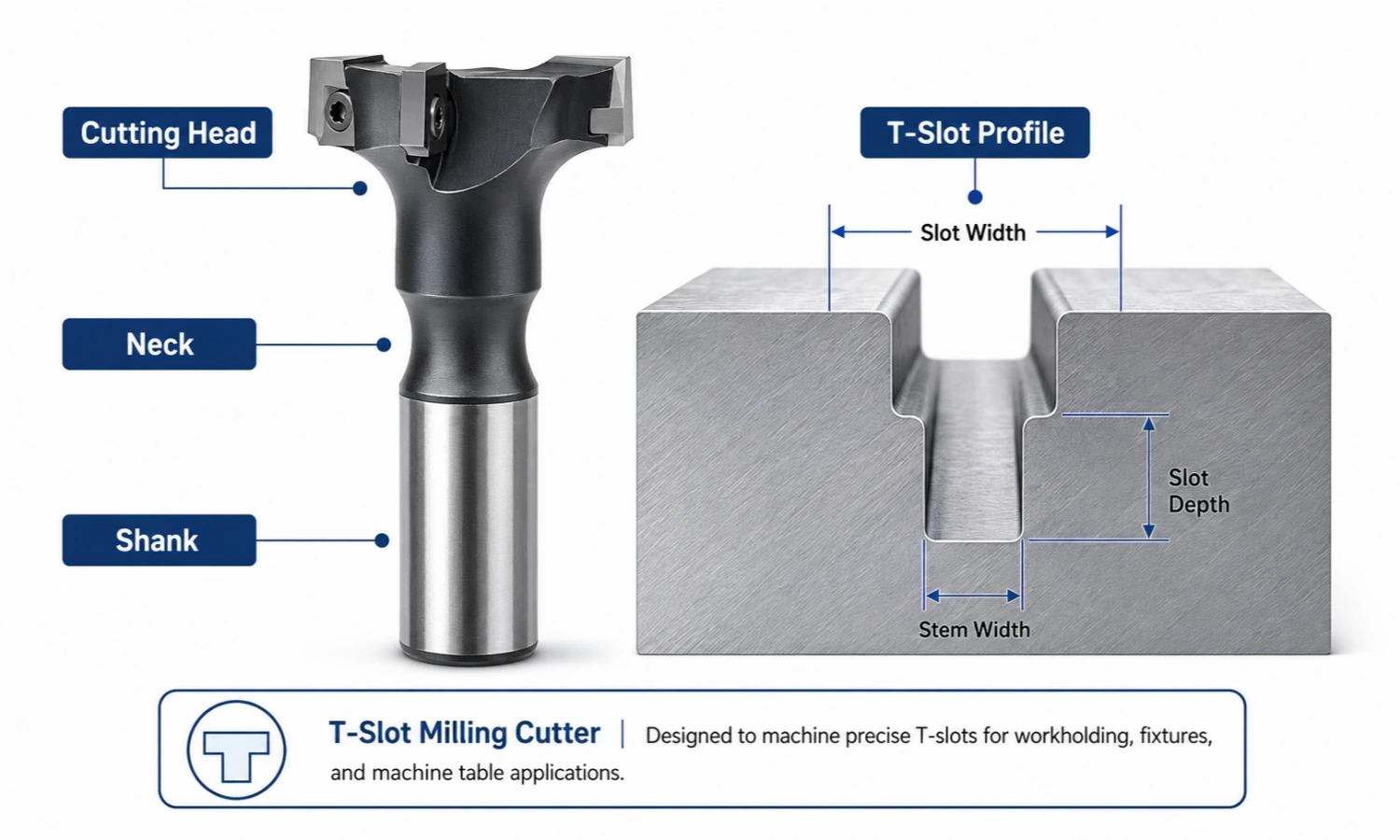 T-slot milling cutter diagram showing cutting head, neck, shank and T-slot profile