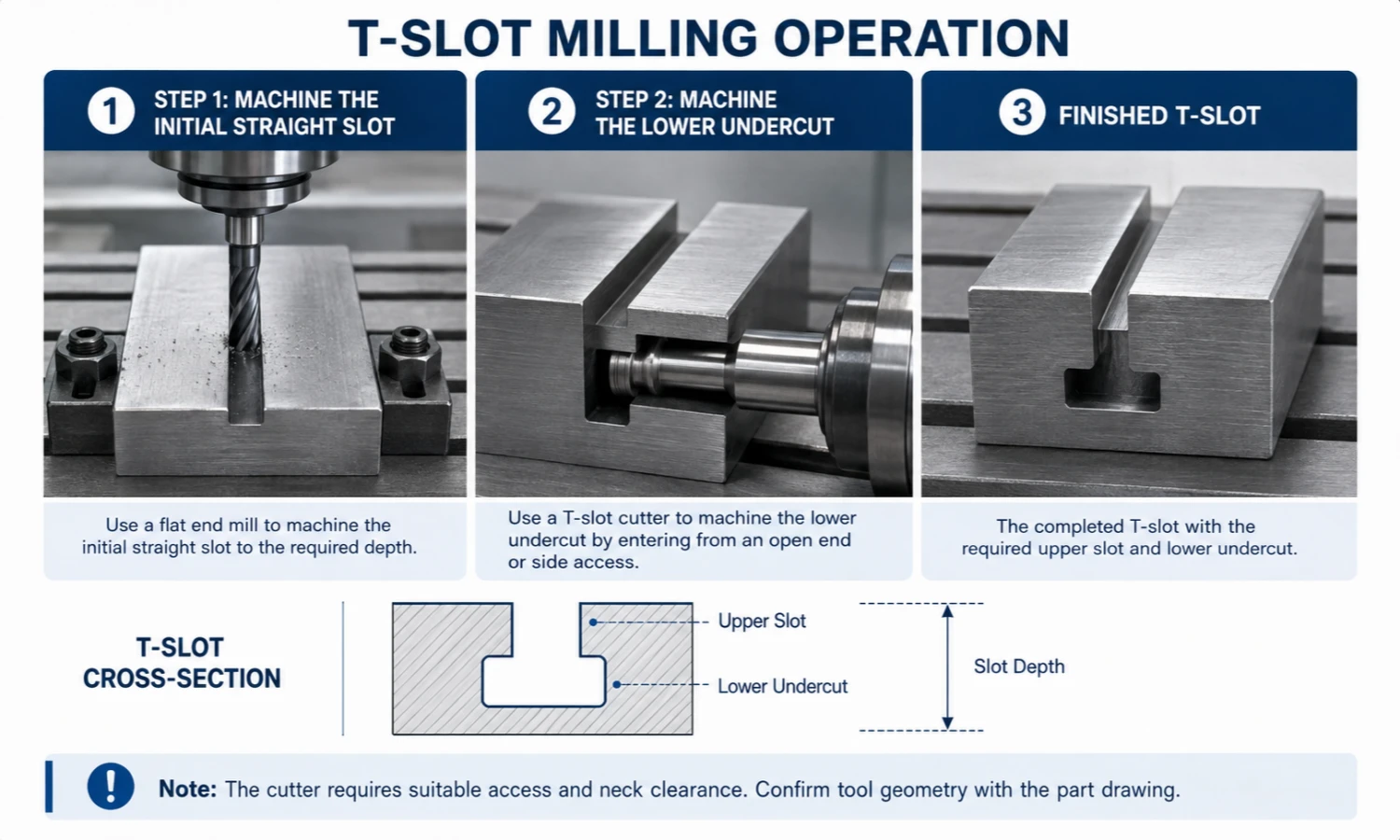 T-slot milling operation showing initial straight slot and lower undercut machining