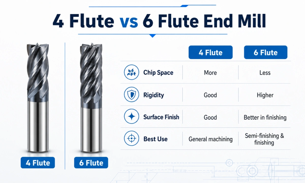 4 flute and 6 flute end mill chip space rigidity and finish comparison