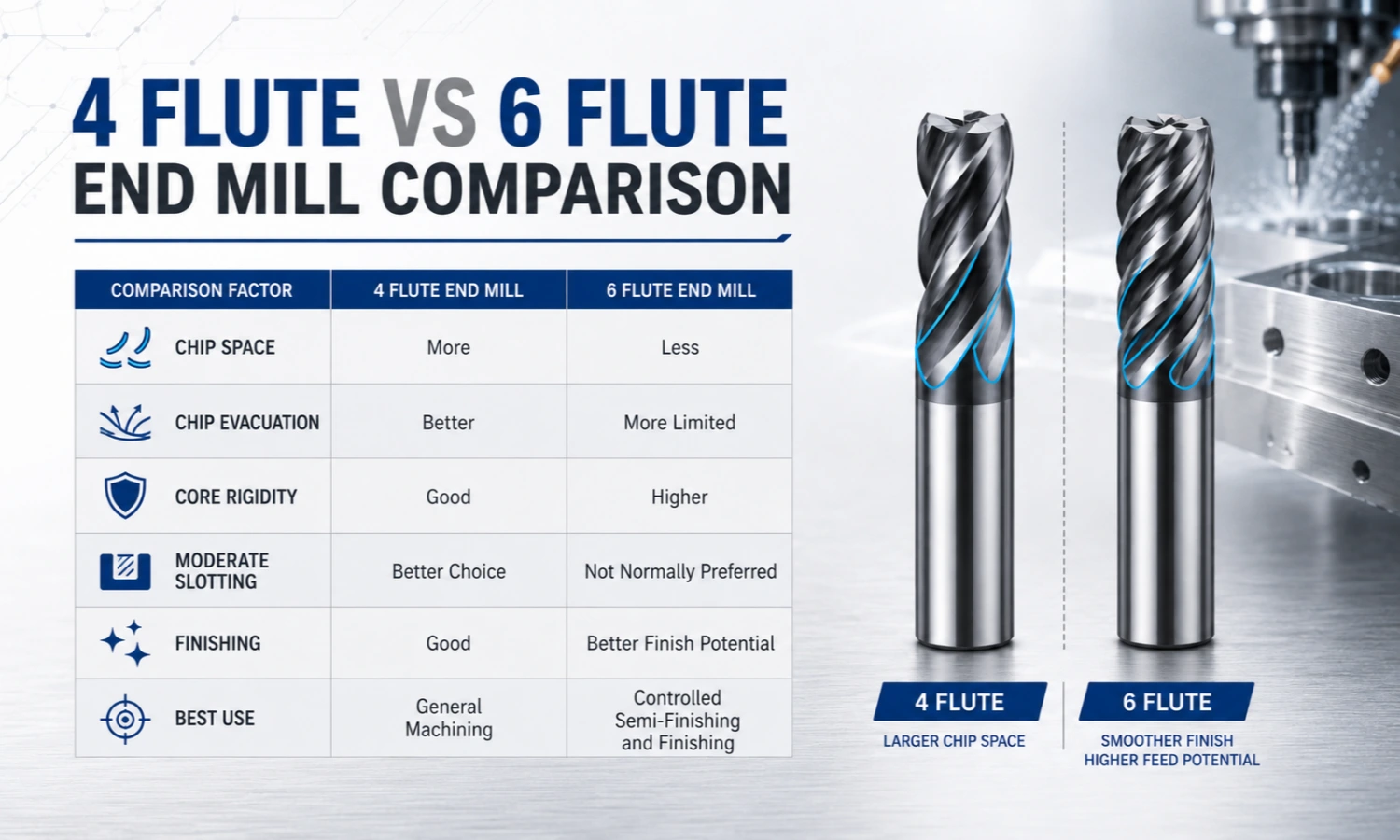 4 flauta vs. 6 flute end mill chip space and rigidity comparison