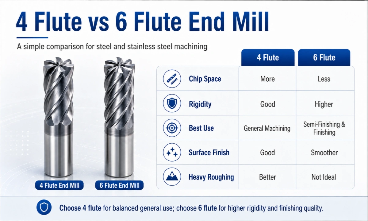 4 flute vs 6 flute end mill comparison for steel machining