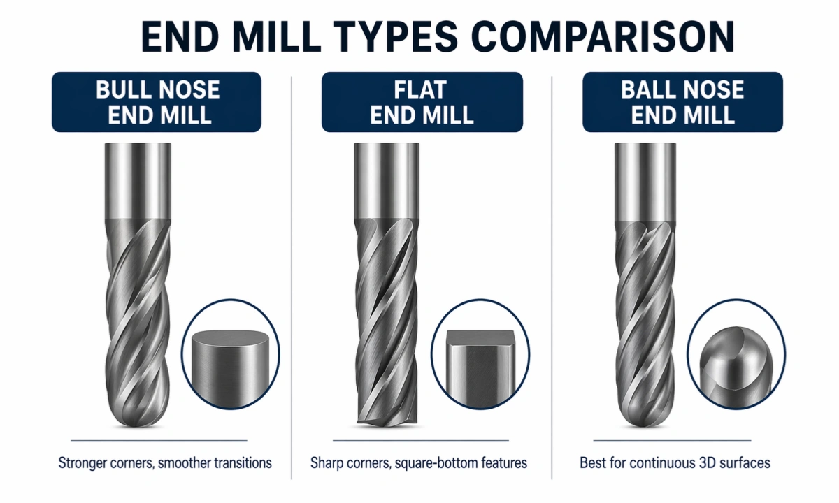 Bull nose end mill flat end mill and ball nose end mill comparison