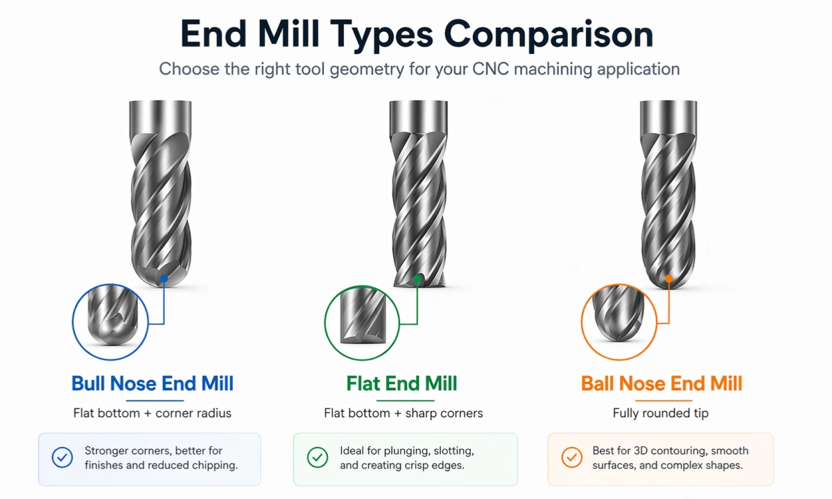 Bull Nose End Mill vs Flat End Mill vs Ball Nose End Mill