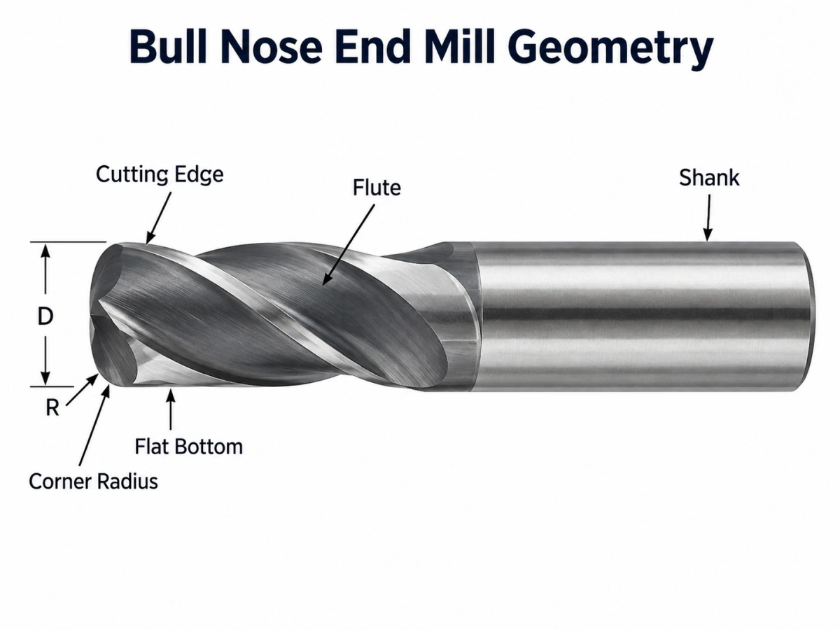 bull nose end mill geometry with flat bottom and corner radius