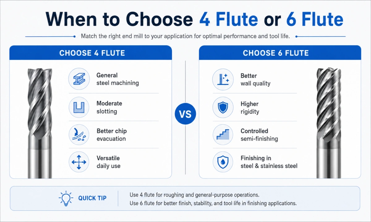 when to choose 4 flute or 6 flute end mill for steel and stainless steel
