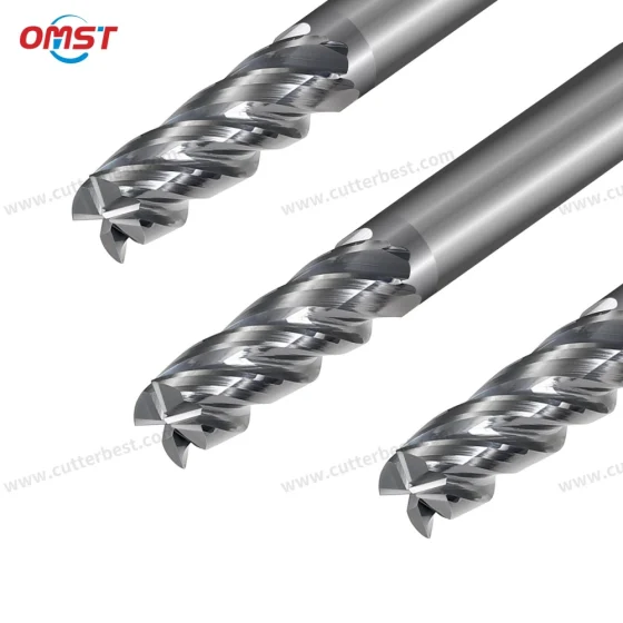 Close-up of solid carbide square end mill cutting edges