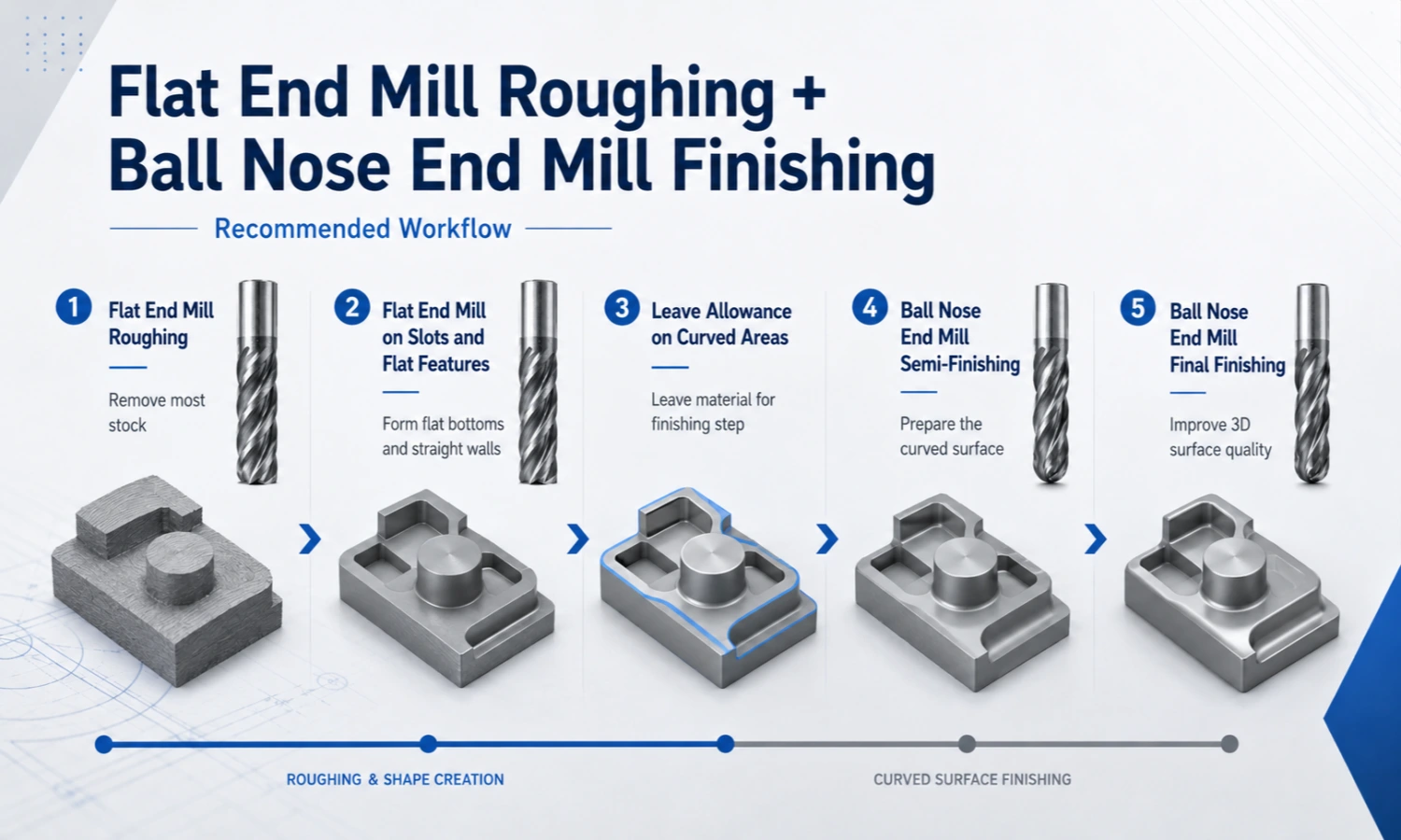 flat end mill roughing and ball nose finishing workflow
