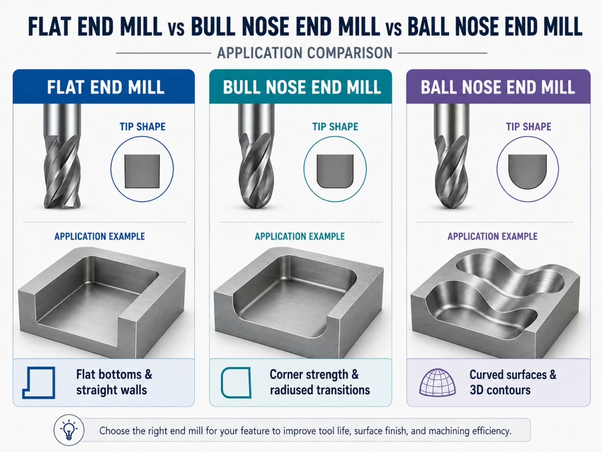 flat end mill vs bull nose and ball nose applications