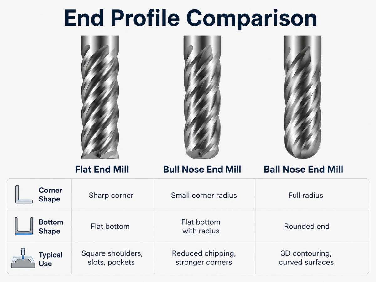flat end mill vs bull nose and ball nose geometry