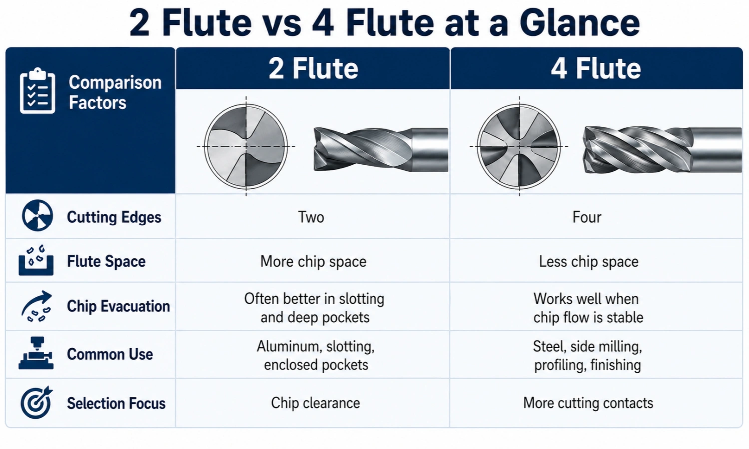 2 flauta vs. 4 flute end mill comparison of flute space and chip evacuation