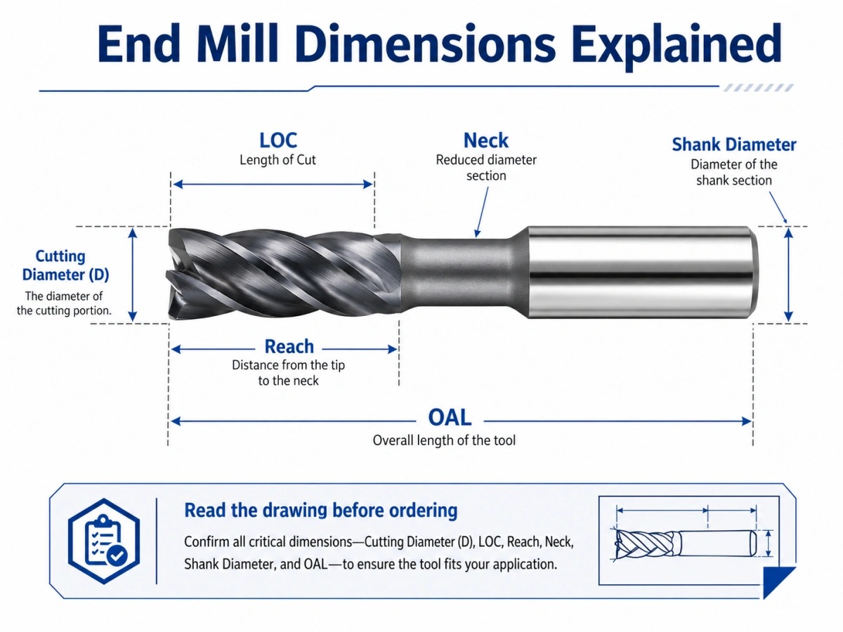 end mill dimensions cutting diameter shank diameter LOC OAL reach neck