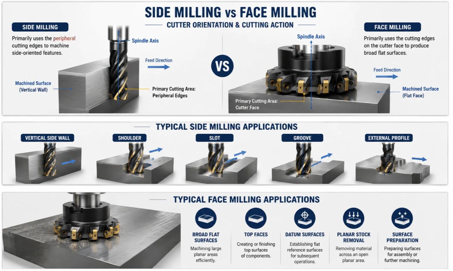 side milling vs face milling cutter orientation and cutting action