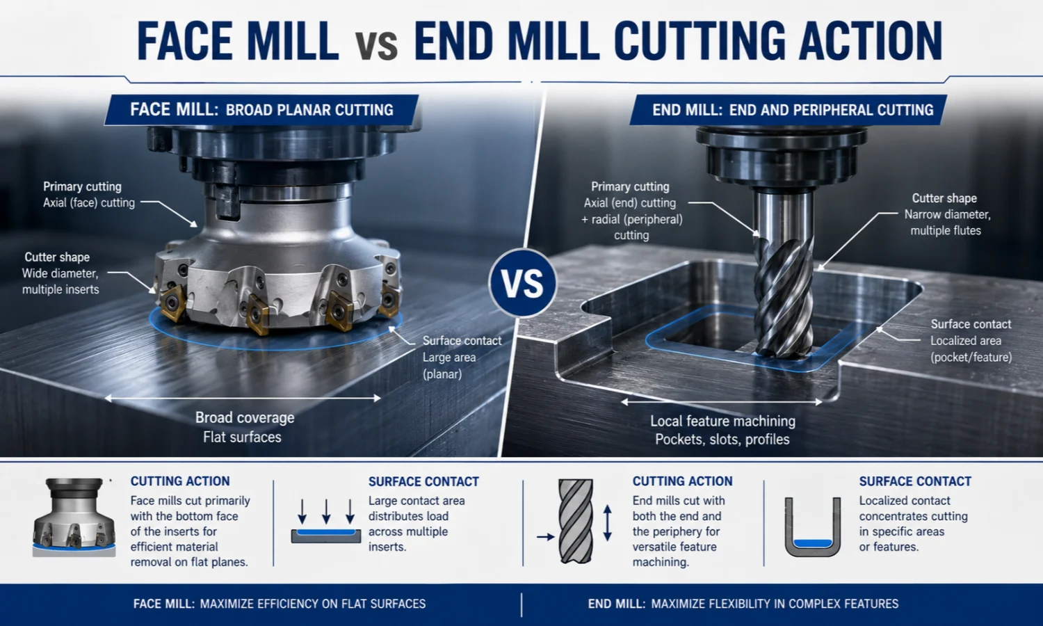 Face mill vs end mill cutting action and tool geometry
