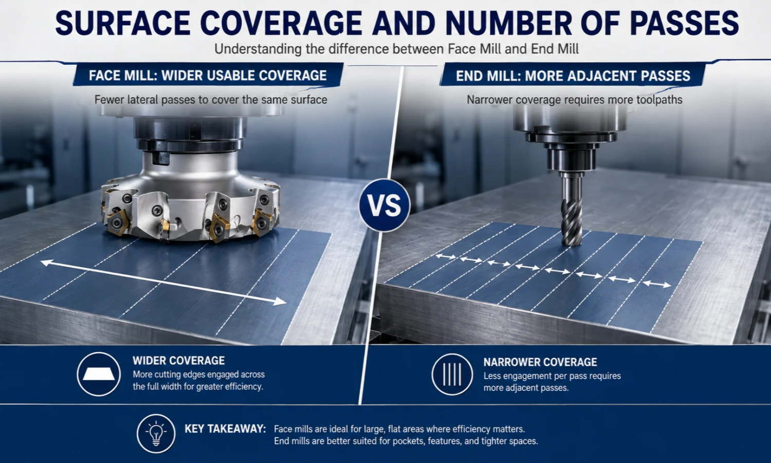 Face mill vs end mill surface coverage and number of passes