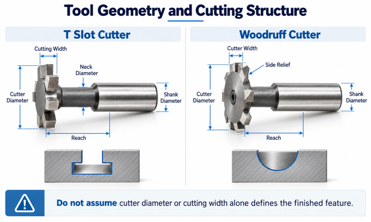 T Slot Cutter and Woodruff Cutter geometry showing diameter cutting width neck and reach